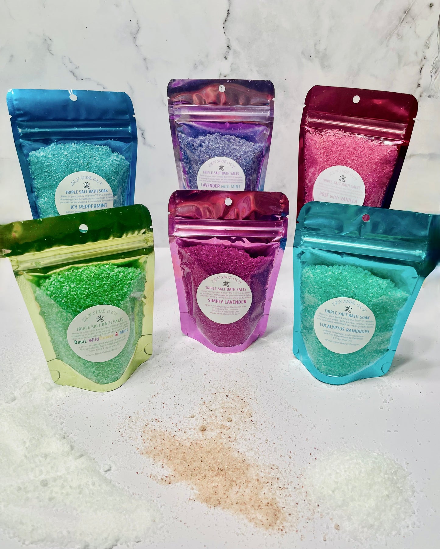 TRIPLE SALT BATH SOAK 8oz NOW in more Environmentally Friendly 8 oz Standing Pouches!!